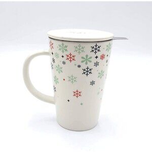 Davids Tea Perfect Mug Snowflakes with Tea Infuser Ceramic Lid Green Inner 12 oz